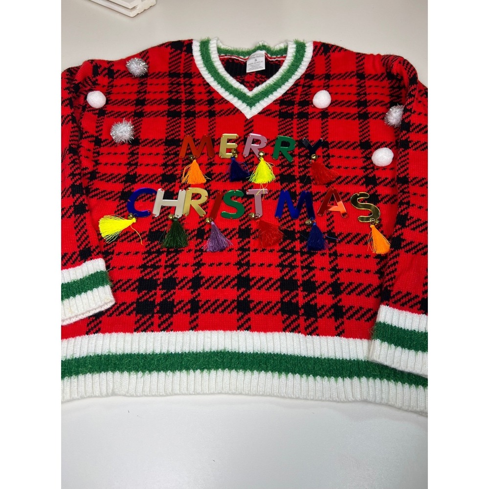 Womens Red Black Plaid Ugly Holiday‎ Merry Christmas Dangle Letter Sweater Sz S